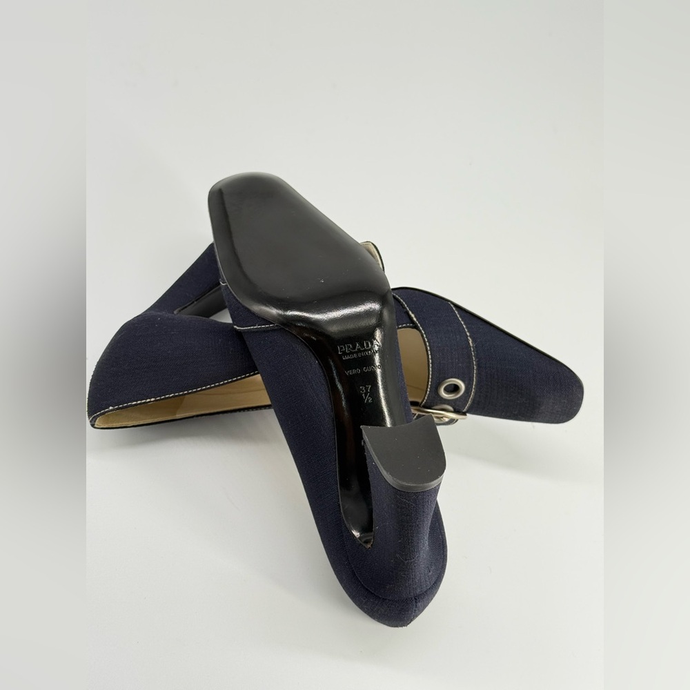 Prada Calzature Donna Linen and Leather Buckle Heels Size EU 37 1/2 - Picture 6 of 9